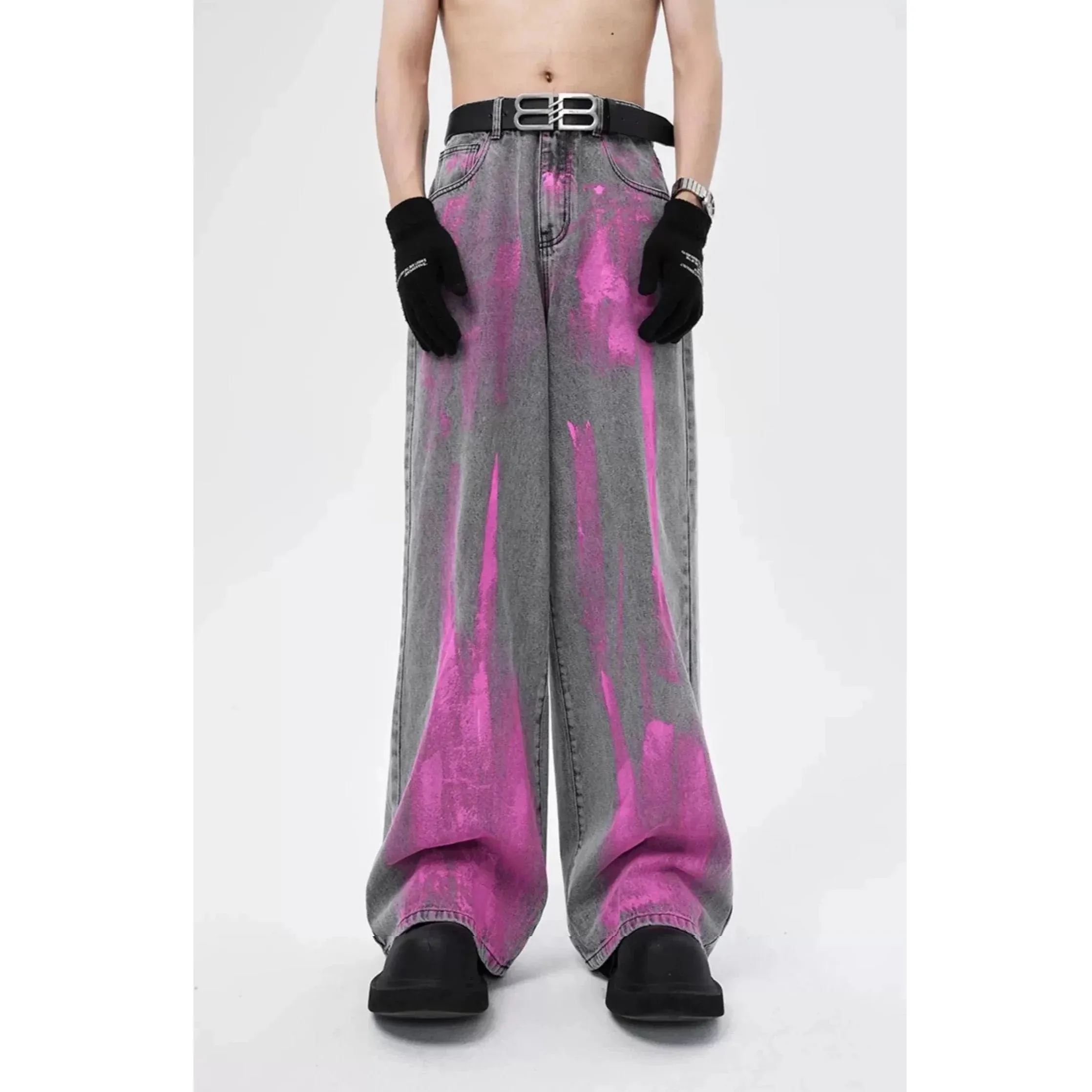 Casual Streetwear Men's Jeans Loose Straight Leg Trousers Pink Gradient Effect Grey Loose Fit Hip Hop Style Four Seasons Pants — image 4