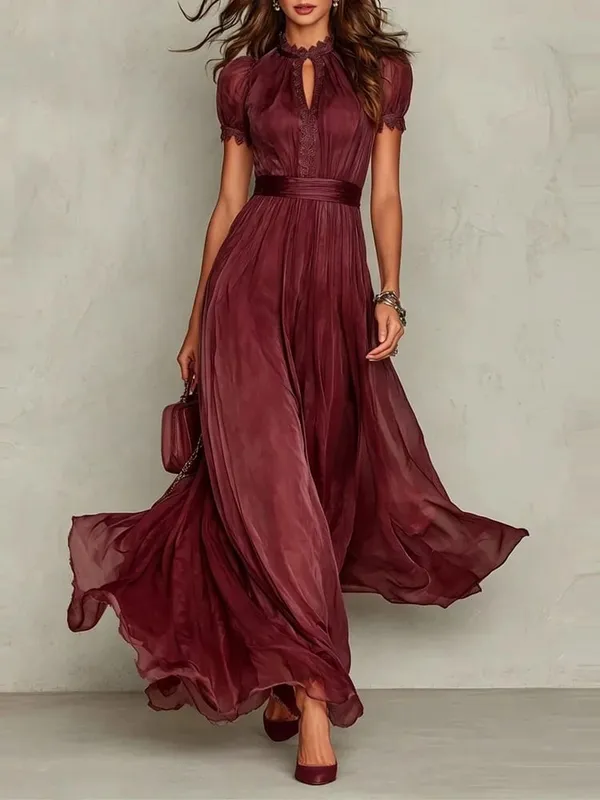 Vintage Solid Lace A-Line Long Dress Women's O Neck High Waist Pleated Party Dress Summer Short Sleeve Flowy Maxi Dresses — image 6