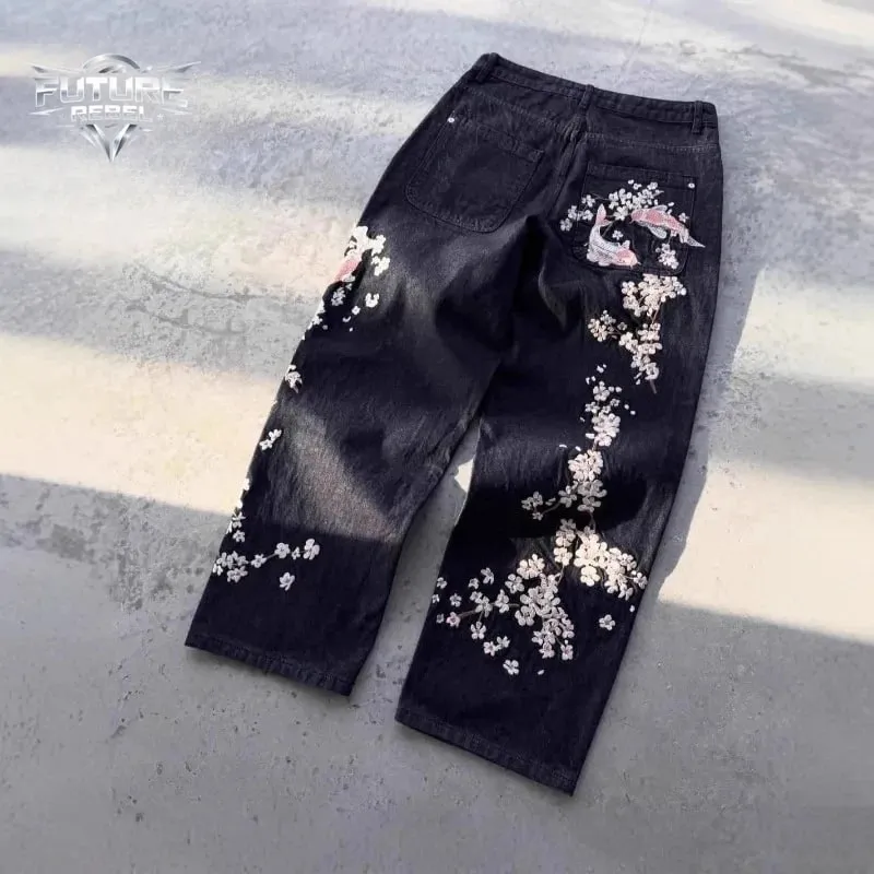 Unisex Jeans Harajuku European American Streetwear Embroidered Denim Pants Vintage Floral Loose Fit Straight Wide Leg Casual New — image 3