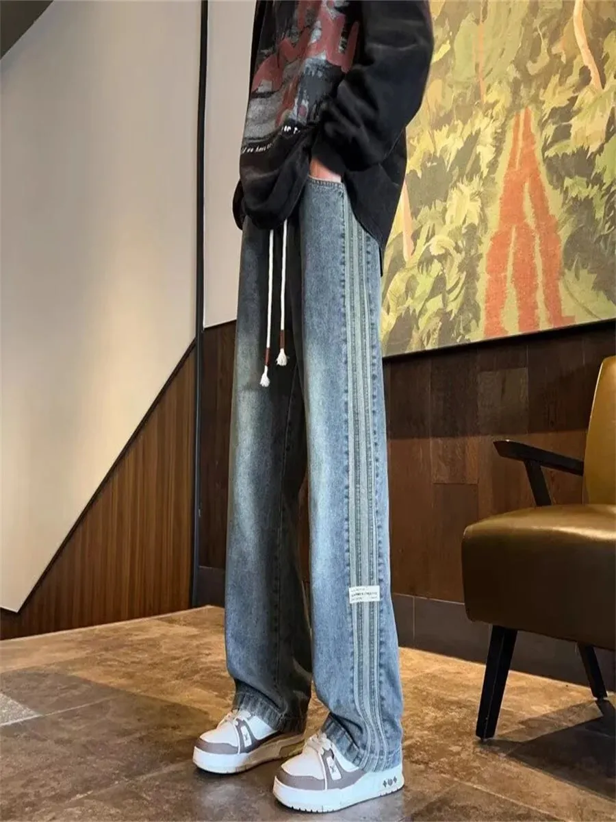 Three bar American retro jeans men's spring and autumn new style high street elastic waist loose casual men's straight leg long — image 9
