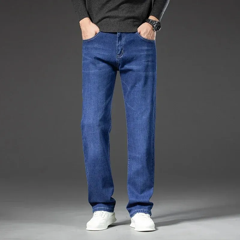 2025 Forår Efterår Mænds Lige jeans Denimbukser Klassisk stil Business Stretch Casual Bukser Large Størrelse 40 42 44 46