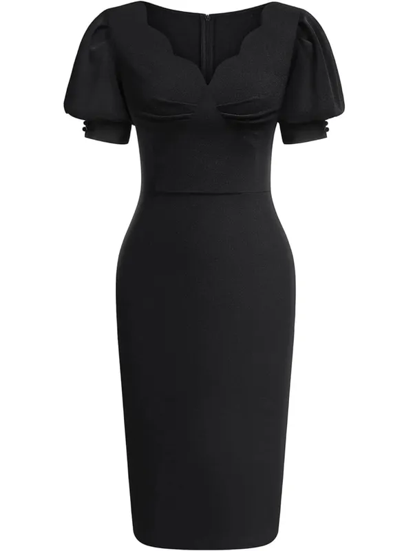 Women Elegant Cutout V-Neck Puff Sleeve Vintage Slim Work Office Cocktail Party Business Sheath Bodycon Pencil Dress
