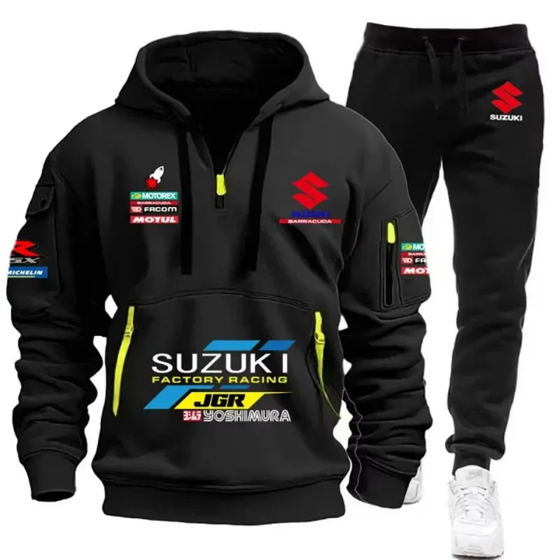 2026 Suzuki Men's Hoodie, Half-Closed Front Multi-Pocket Sport Shirt + Athletic Pants Two-Piece Set for Cycling, Running and Mot — image 1