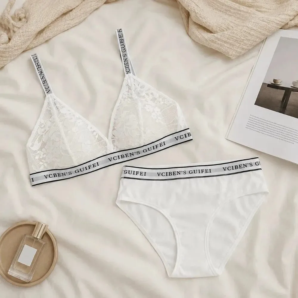 Kumportableng Letter Design Lingerie Set Deep V Wireless Women Underwear Suit Lace Color Blocking Bra Panties Set Girl