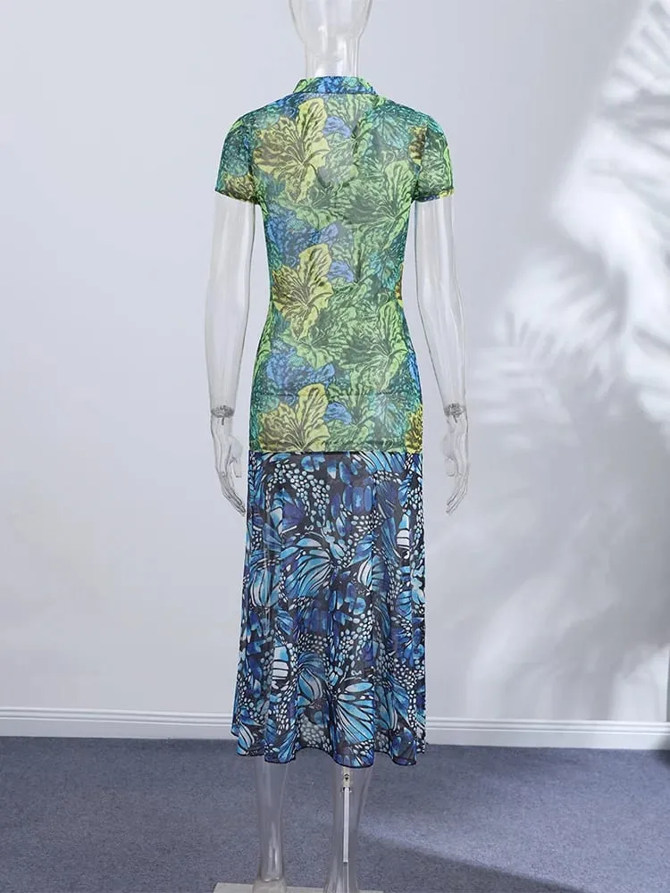 Jungle Butterfly Print Midi Dress Mandarin Collar Cutout Waist High Slit Dress 2026 Summer Festival Night Out Wear Women Vestido — image 7