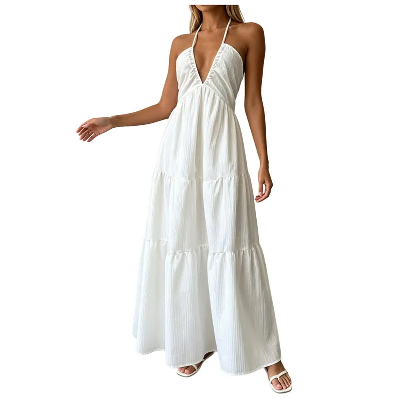 Summer Halter Neck Women's Dress Elegant Chic Wedding Party Beach Dress Backless Flowy Vacation Boho Sling Long Dresses Women — image 12