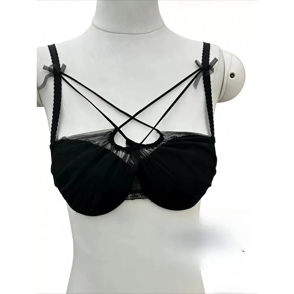 French Romantic Cross Layered Mesh Camisole Padded Bra Women Christmas Sexy Sheer Sleeveless Tank Top Intimate Lingerie Vest