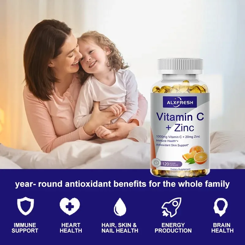 Alxfresh Vitamin C 1000 mg se zinkem 20 mg | Vitamínový doplněk stravy | Vegan bez GMO a bez lepku | pro Immune Support Caps
