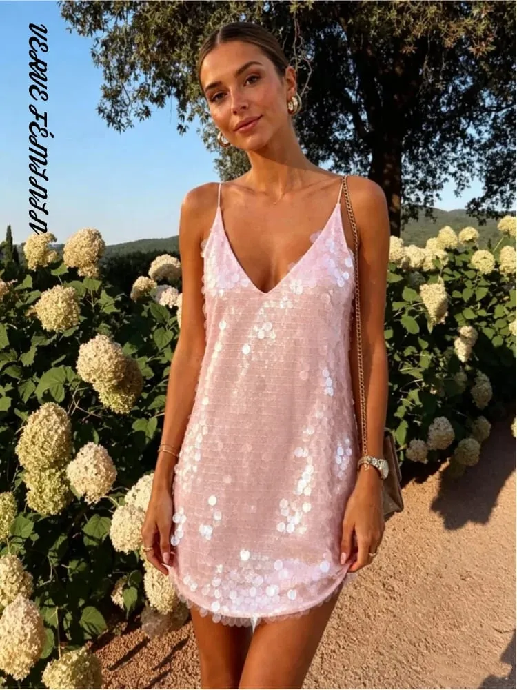 Sequined V-neck Slip Short Dress Women Sexy Spaghetti Strap Sleeveless Backless Shining Slim Dresses Charming Lady Partywear New — image 2