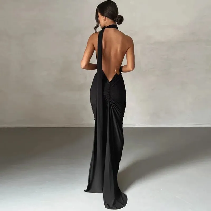 Women's One-Shoulder Sleeveless Maxi Dress Adjustable Scarf Loop Ruched Backless Bodycon Festival Party Outfit Elegant Long Gown