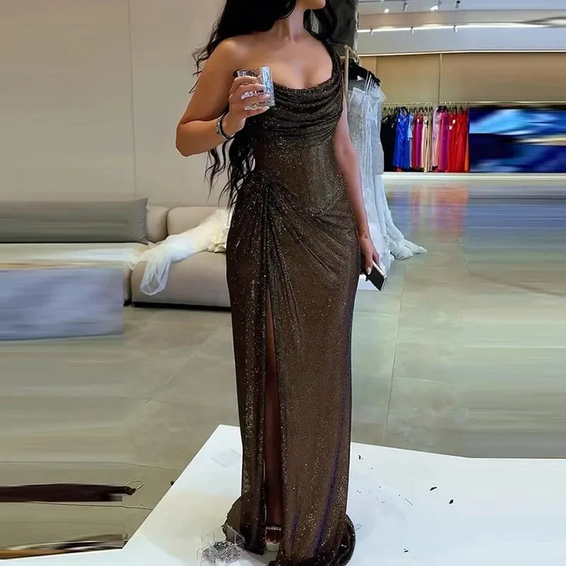 性感優雅全長高開叉派對禮服別緻束腰宴會超長連身裙奢華女式一肩閃光修身連身裙