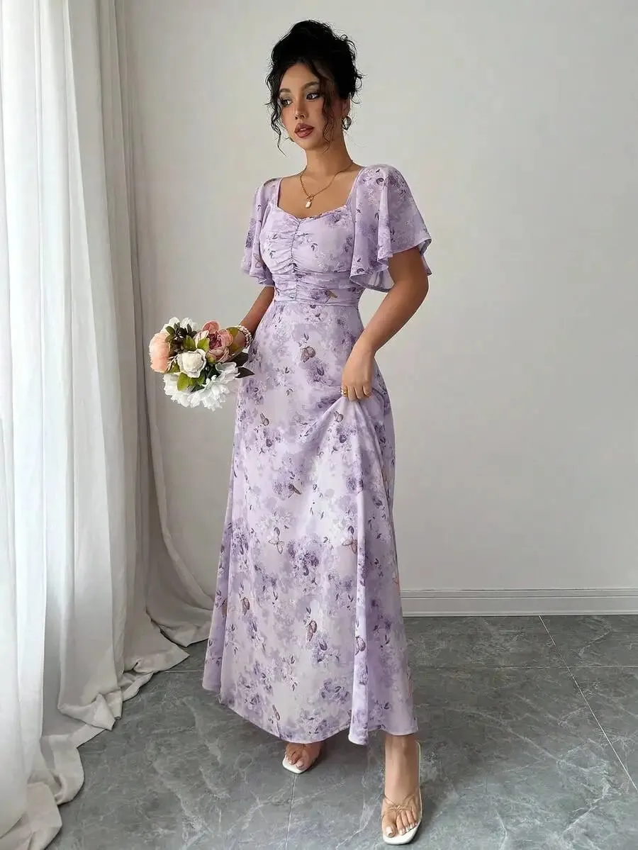 Women's Sweet French Style Mini Dress with Purple Butterfly Print Batwing Sleeves & Back Zipper — image 5