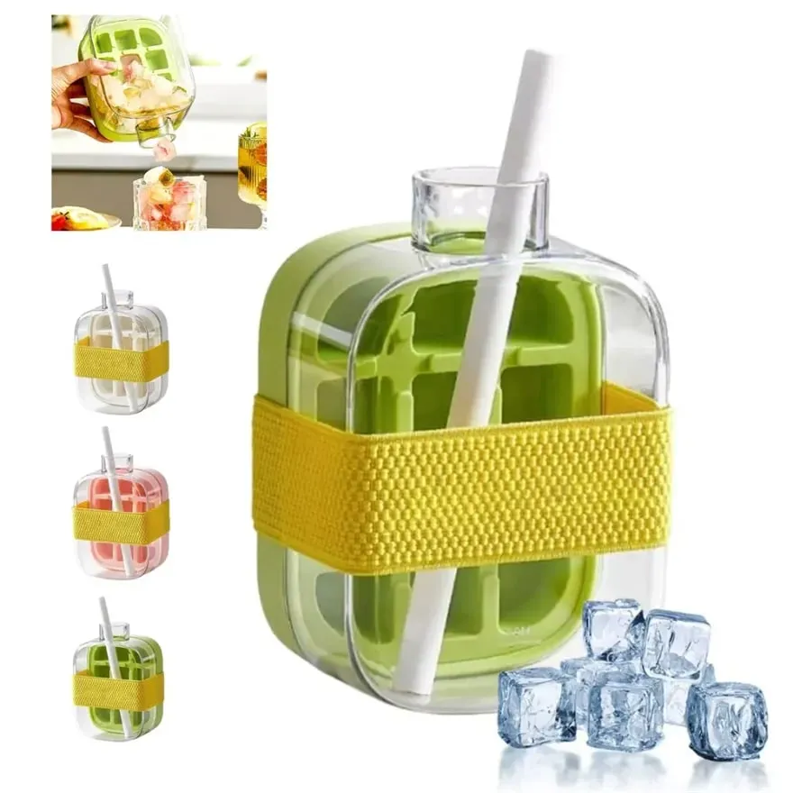 Ice Cube Bottle with Straw 2 In 1 Touch-Free Push-Type Ice Cube Making Bottle Easy Release Water Bottle Ice Mold