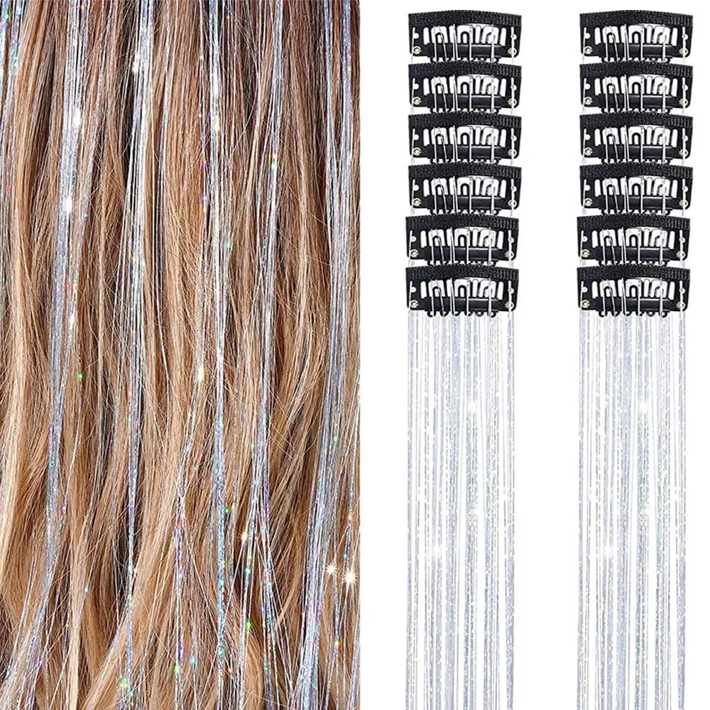 12Pcs Clip Hair Tinsel Clip in Glitter Tinsel Hair Extensions Synthetic Heat Resistant Shiny Sparkle Hair Tinsel for Women Girls — image 9