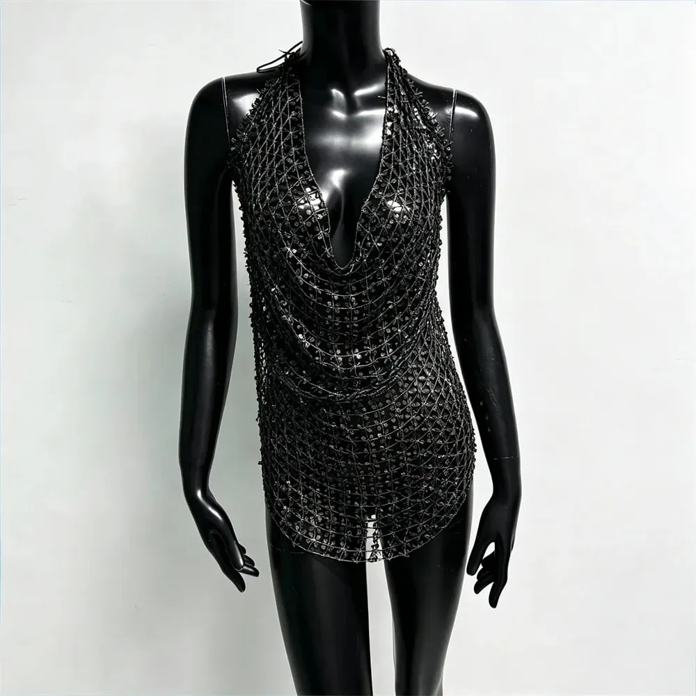 Débardeur ajouré à paillettes acryliques brillantes pour femmes, Sexy, décolleté en V profond, dos nu, col licou, transparent, Camisole, hauts de fête de plage — image 8