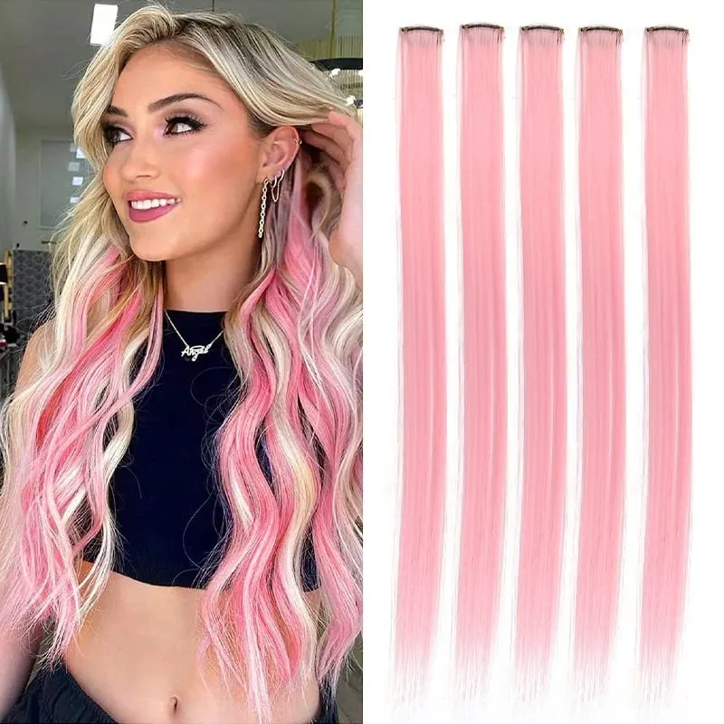 5 Pieces of Colorful Hair Clips 24 Inch Long Straight Fake Hair Clips Combined for Christmas Fashion Wig Pieces — image 12