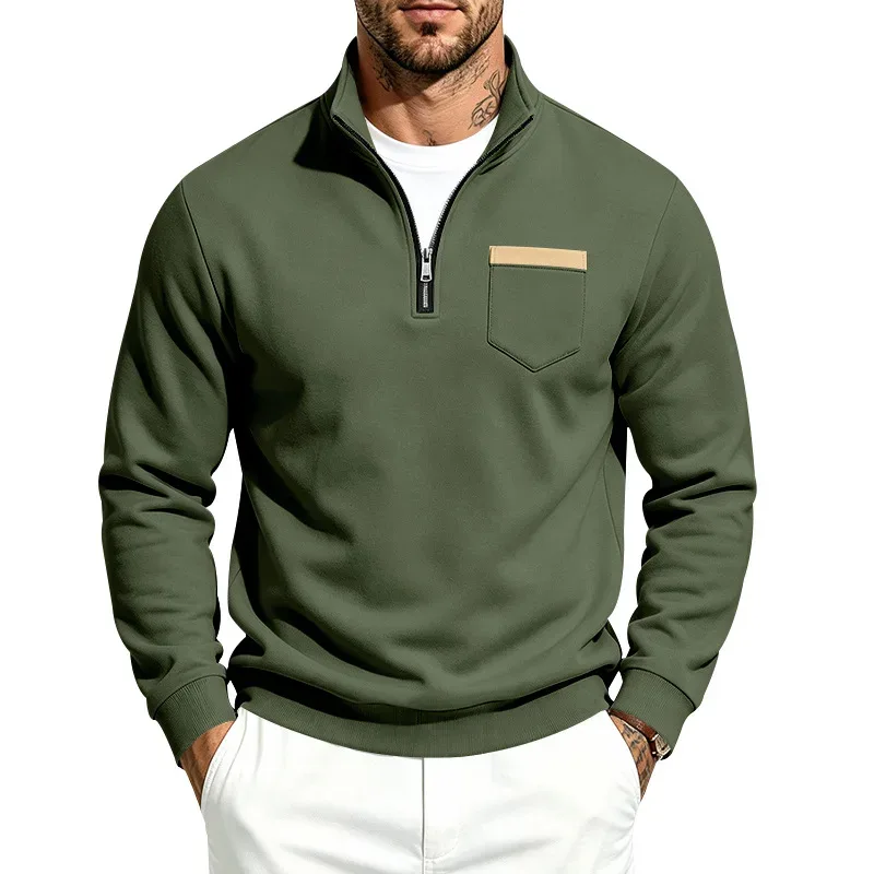 Men 2026 Autumn Winter Hot Item Fleece Lined Stand Collar Loose Vintage Sweatshirt Casual Commuter Fashion Male Daily Outerwear