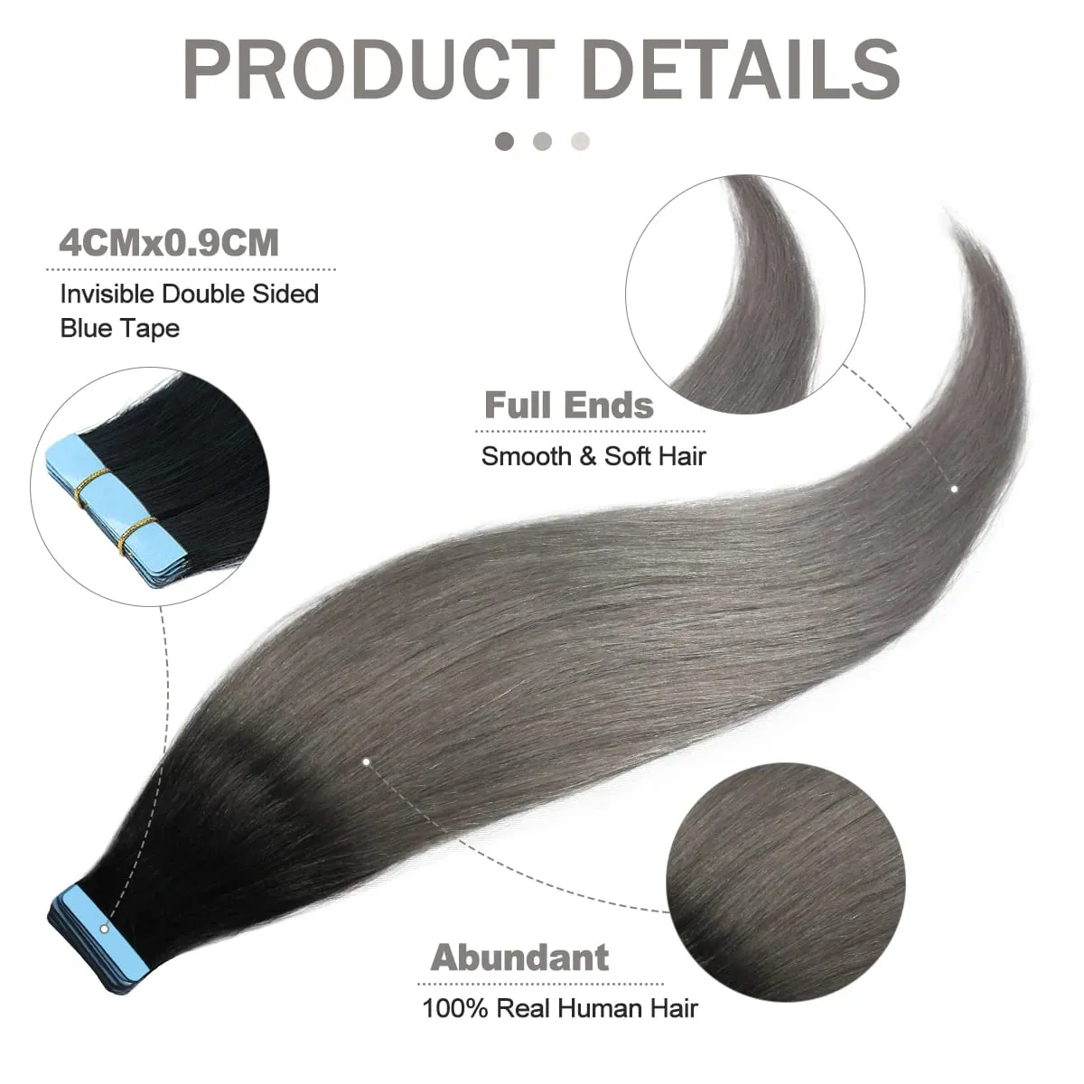 Black to Light Gray Color Tape in Hair Extensions Human Hair Seamless Tape Hair Extensions Skin Weft PU Tape On Hair 20Pcs 30G