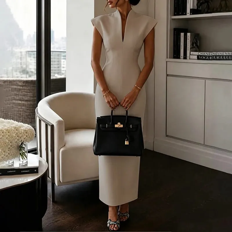 Women's Commuting Evening Party Elegant Gowns Solid Stand Collar V-neck Sleeveless Sheath Maxi Dresses Temperament Clothing