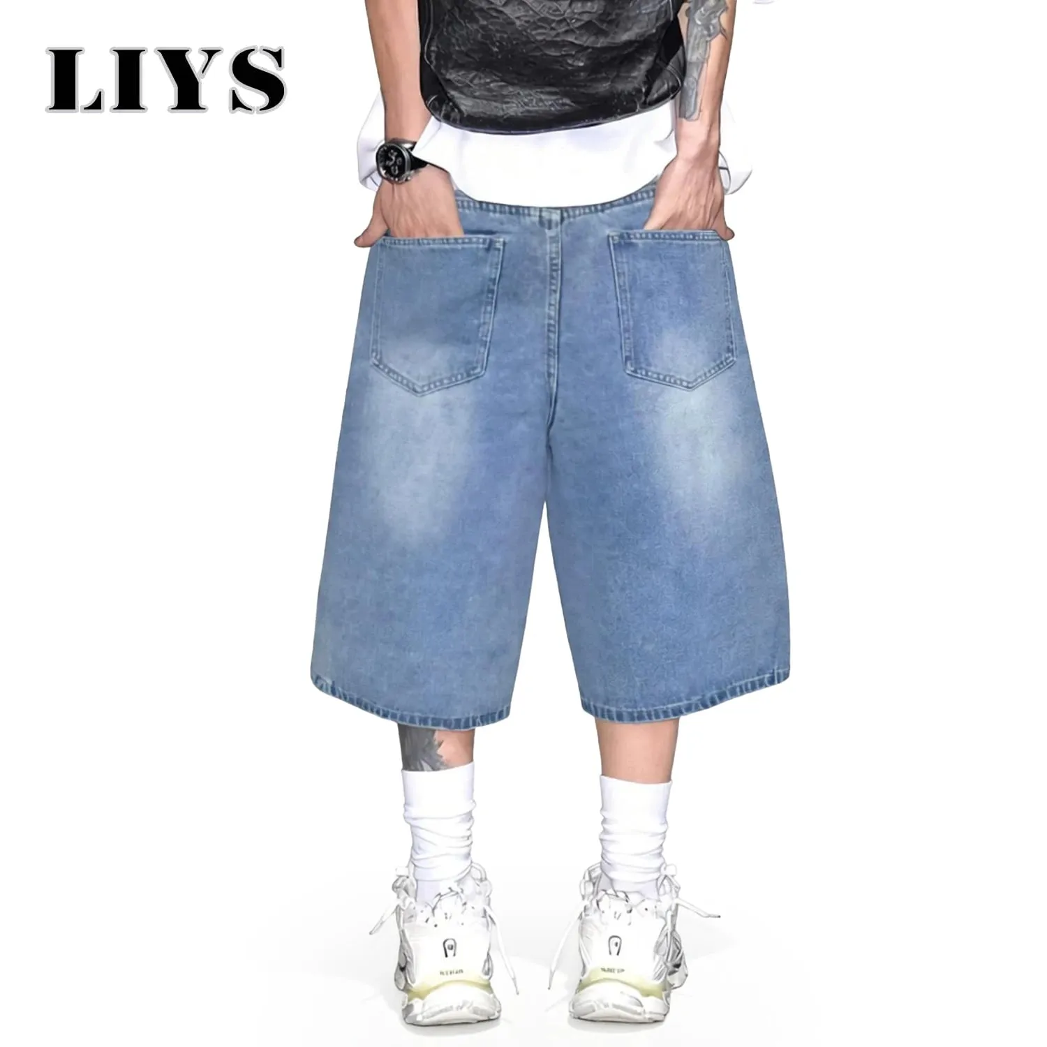 Men's Simple Light Blue Retro Ultra Baggy Wide-Leg Denim Shorts Student Youth Street Casual Oversized Baggy Jeans Unisex — image 6