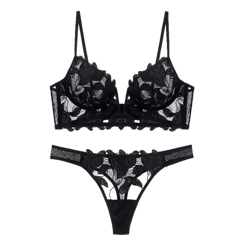 Sexy French Lace Embroidery Brassiere Lingerie Set Women's Underwear Set Push Up thin Bralette Deep V Bra and Panty Set