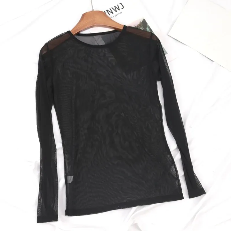 Sexy Women Long Sleeve T-shirt Casual Crew Neck See-through Slim Fit Sheer Tops Tees Y2k Club Streetwear — image 7
