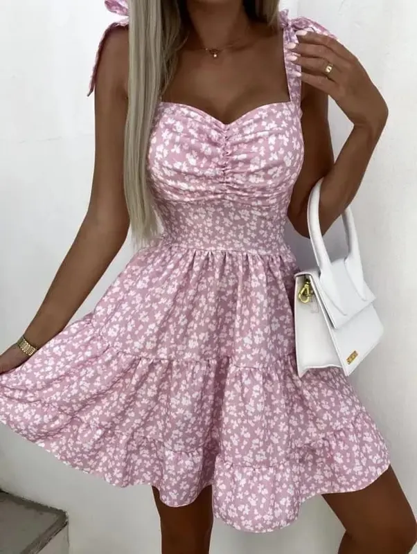 Summer Fashion Flower Print Waist Pleated Dress For Women Y2k Casual Vacation Beach Sundress Spaghetti Strap Mini Dress Female — image 4