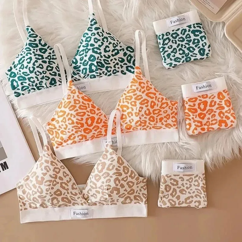 1/3Pcs Seamless Bra Set Low Waist Panties Leopard Bralette Sexy Lingerie Set Vneck Sport Brassiere Female Cotton Underwear