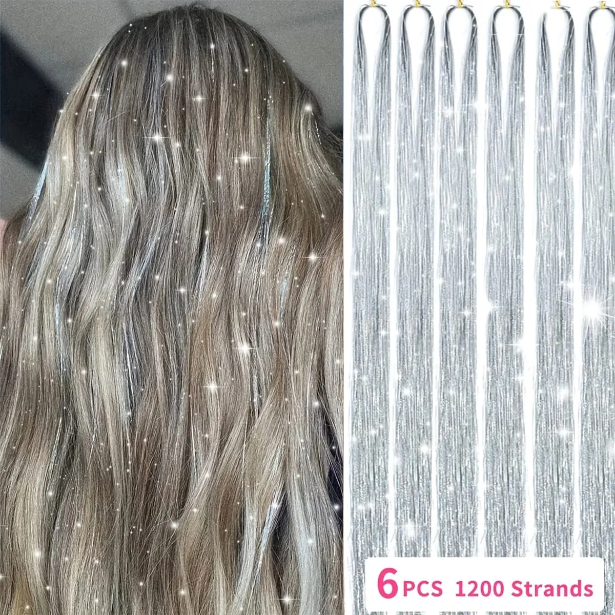6pcs 22inch Colorful Glitter Tinsel Hair Extensions Fairy Hair Extension Hair Extension Tinsel Glitter Hair Synthetic Extensions — image 5