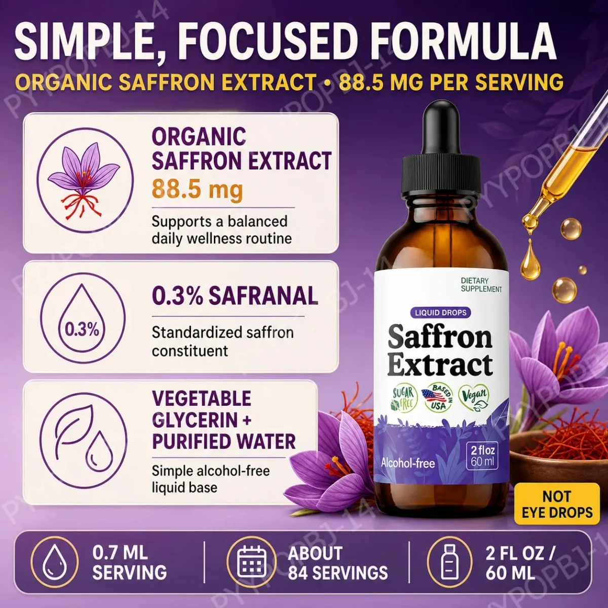 Organic Saffron Liquid Extract Drops Plant Based Herbal Supplement Vegan Sugar Alcohol Free 60ml Daily Health Supplements