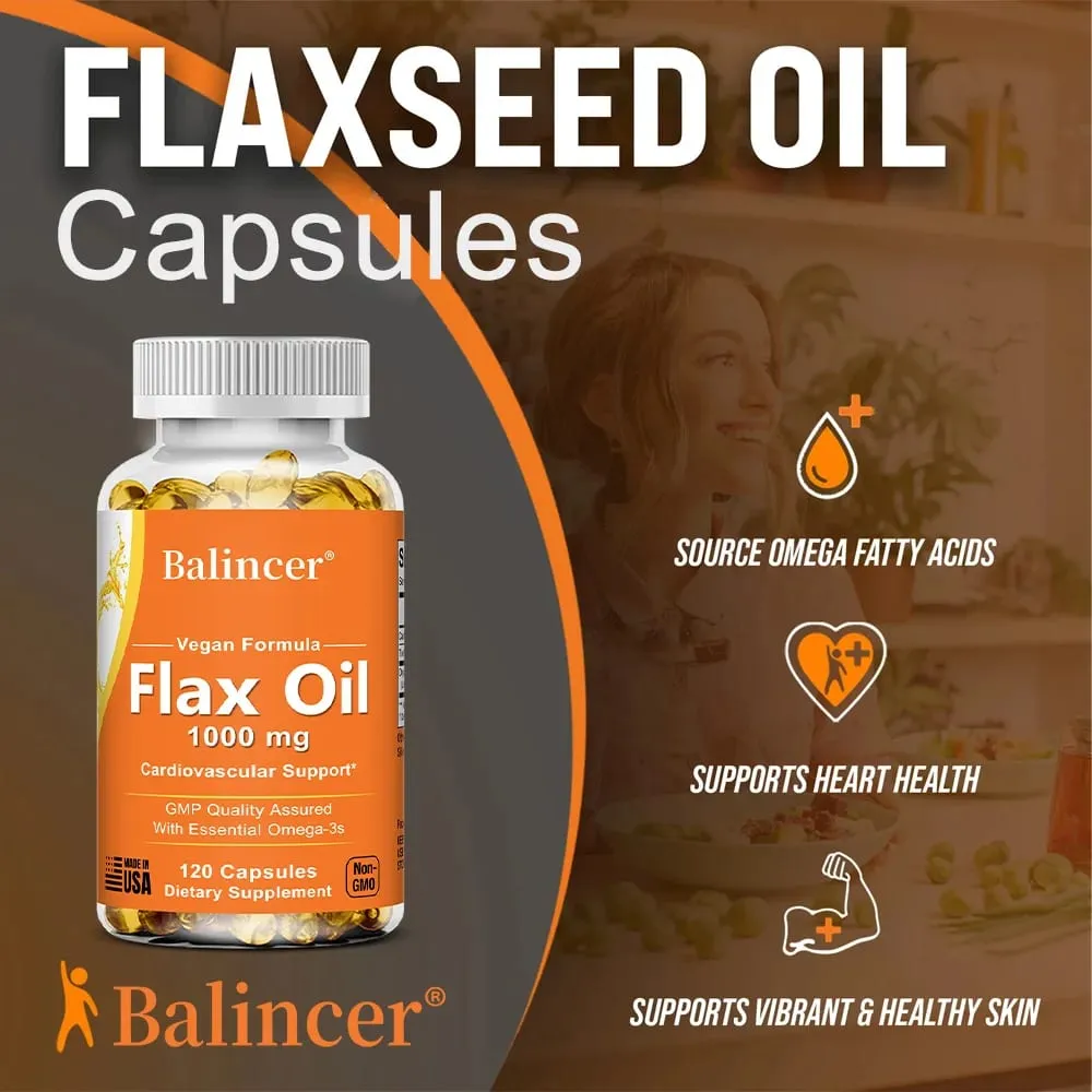 Flaxseed Oil 1000mg + Omega-3 Capsules Plant-Based Omega 3-6-9 Heart Brain Eye Joint Skin Immune & Cardiovascular Support — image 3