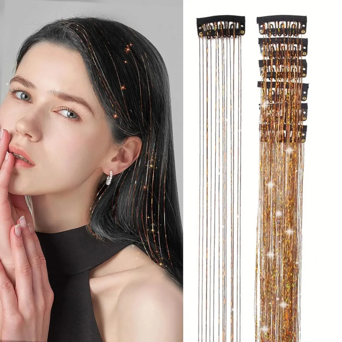 6Pcs Hair Tinsel Clip in 19.6Inch Glitter Synthetic Tinsel Hair Clip in Hair Tinsel Kit Heat Resistant Shiny Sparkle Fairy Hair — image 2