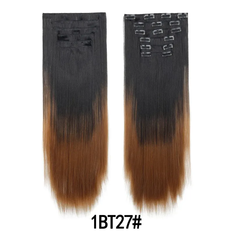 6PCS/Set Clip In Hair Extensions Long Straight Hair Full Head Ombre Gradient Color Synthetic Hairpiece For Women Daily Use