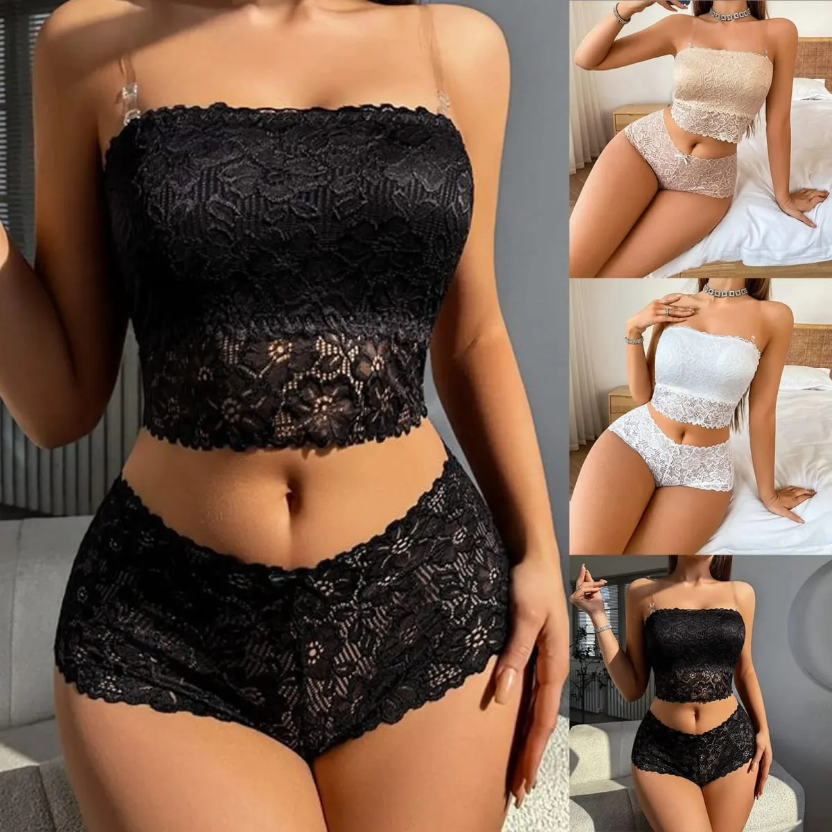 Women Wireless Hollow Out Backless Lace Bra Set Spaghetti Strap Elegant Lace Panties Soft Underwear Women Lingerie Set