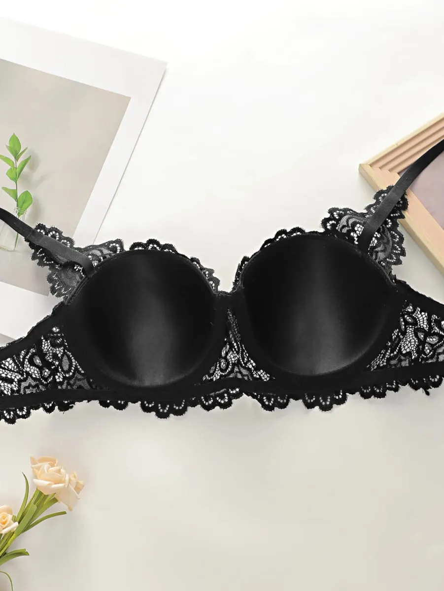 fashion Black bow lace thong set solid color daily 2-piece set sexy underwear set push up bra set B1111 — image 4