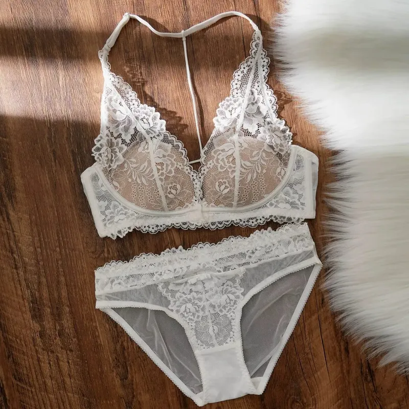 French Vintage Lace Halter Bra Set Wireless Thin Cup Small Breast Push Up Anti Sag Lifting Soft Pure Desire Ladies Intimate Bras — image 8