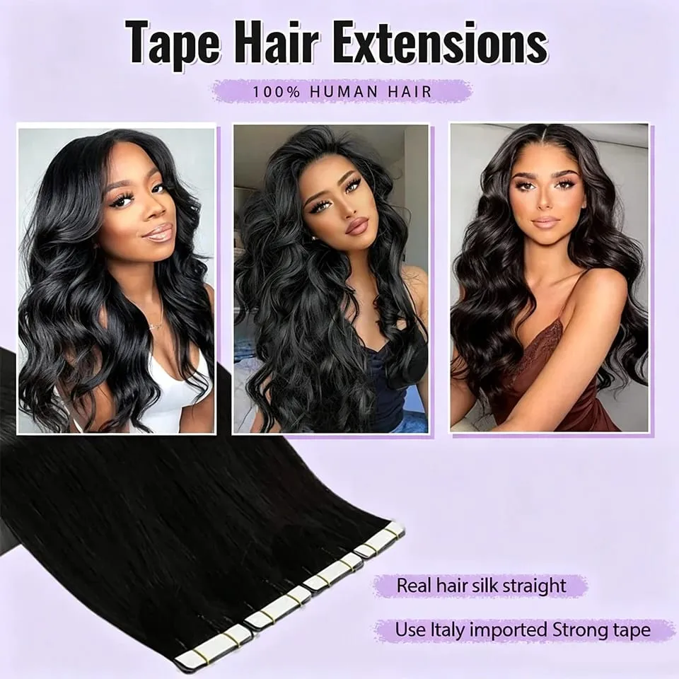 Tape in Hair Extensions Human Hair Body Wave Natural Black Reusable Double-Side Seamless Extension Human Hair 50G 20 PCS/pack — image 5