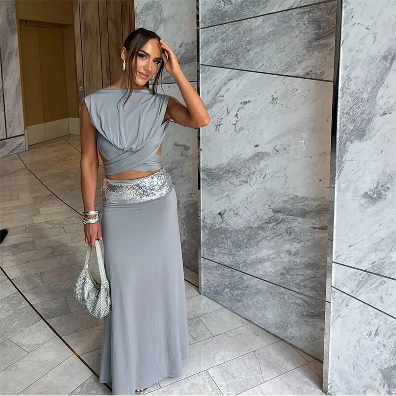 Fashion Shiny Lace Up Long Skirt Set Women Sexy Sleeveless Design sense Chic Short Top Skirts Suit NEW Lady Evening Party Outfit — image 4