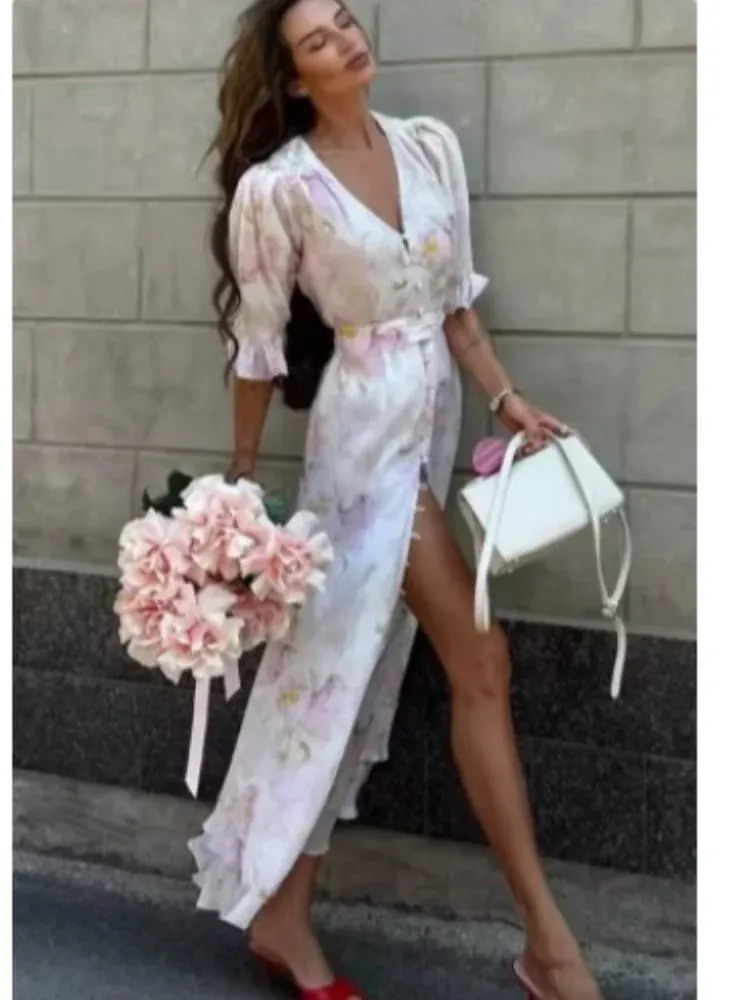 Organza Floral Printed Maxi Dress Fashion V-neck Puff Sleeve 2026 Spring/summer Romantic Women Party Gown Elegant Lady Vestidos — image 1