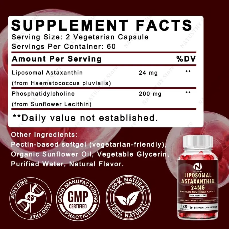 Liposomal Astaxanthin Capsules 24mg for Brain Heart Vitality Skin Joint Eye Immune Health — image 3