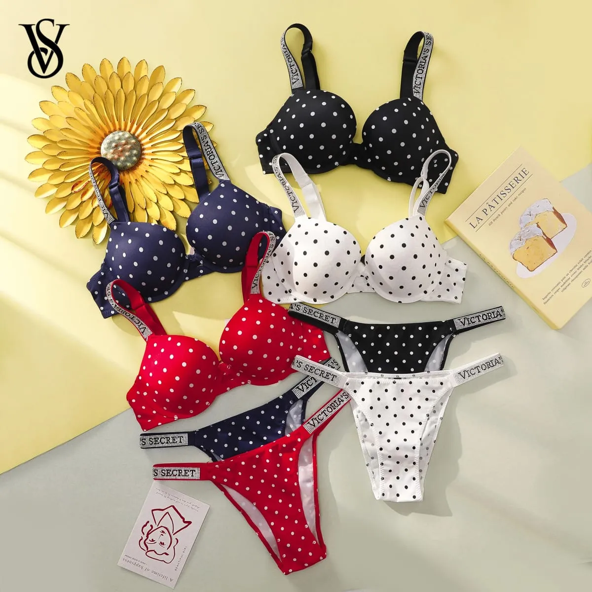Victoria Secret Very Sexy Shine Script Polka Dot Push Up Bra Shine Script Thong Panty Set Women Sexy Lingerie Hot — image 2