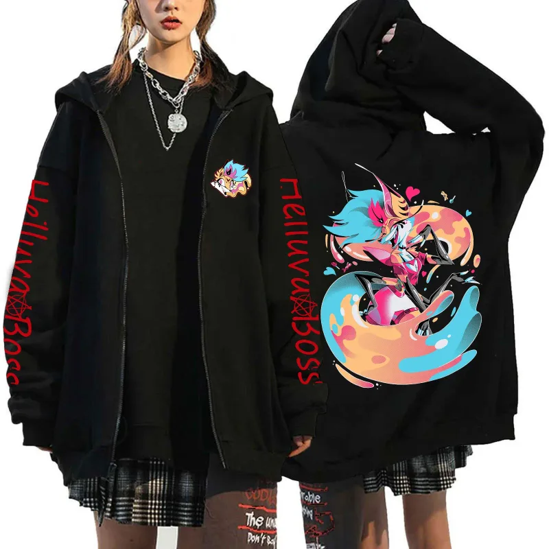 Helluva Boss Print Hooded Zipper Men Women Casual Fashion Fall Winter Warm Vintage Long Sleeve Tops Fleece Zip-Up Sweatshirts — image 10