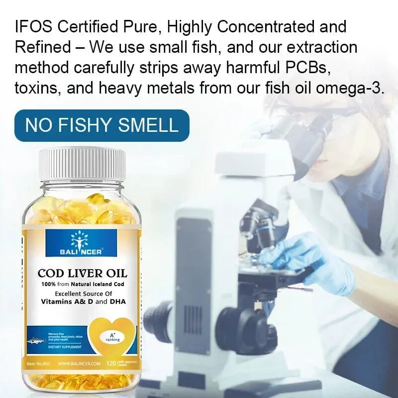Cápsulas gelatinosas naturais de óleo de fígado de bacalhau - ricas em ômega-3 EPA DHA vitamina A D - apoiam a saúde imunológica das articulações e dos olhos do coração, cérebro — image 6