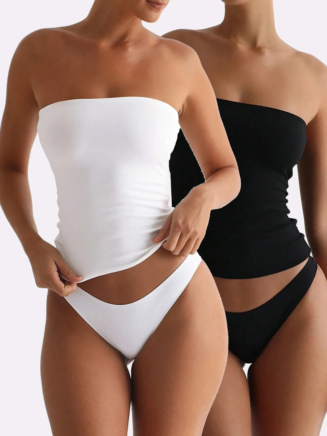 2 Pack Solid Strapless Tube Top Women Soft Stretch Sleeveless Slim Basic Elegant Layering Bandeau Cami Daily Casual Outfit