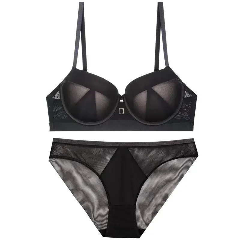 high quality sexy mesh women bras and brief two piece set push up B C D cup wire summer lingerie underwear black blue — image 8