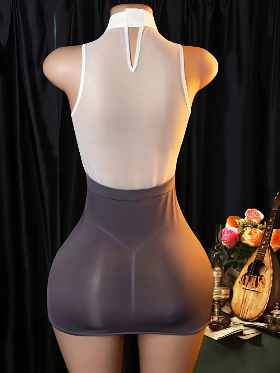 Women Lace Lingerie Dress Set Halter Neck Floral Mesh Bodycon Mini Dress with Panties Elegant Secretary Role Play Costume — image 3