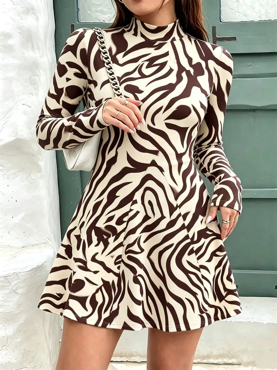 Women's Autumn Casual High Neck Mini Dress Solid Color Geometric Pattern Long Sleeved Waist Cinched A-Line Skirt — image 4