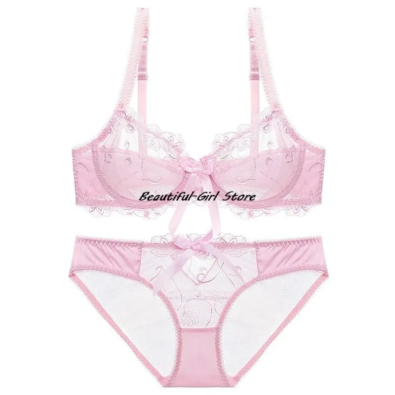 Lace Push Up Bra Set Breathable PantiesThin Mesh Cup Transparent Behalf Lingerie Bow Embroidery Flora Soutien Gorge — image 9