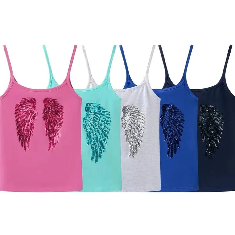 2026 Summer Women Y2K Vintage Sequin Angel Wings Back Print Spaghetti Strap Cami Top Slim Fit Casual Streetwear Party Tank Vest — image 6