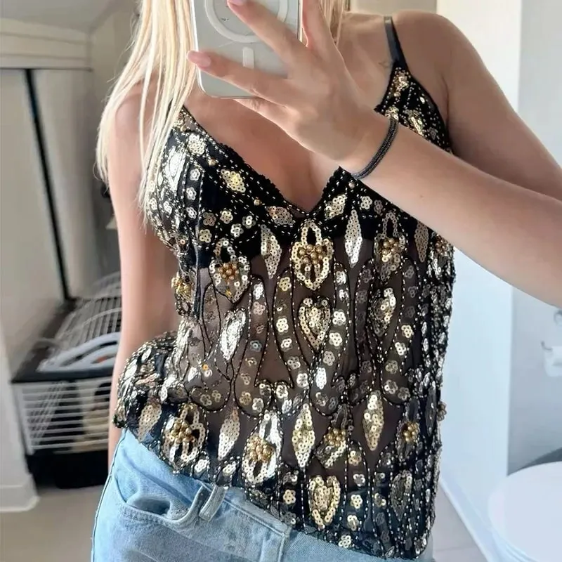 Floral Geometric Sparkly Tank Tops Women Sheer Mesh Sequin Camis V Neck Spaghetti Strap Y2K Club Night Out Festival Party Vest